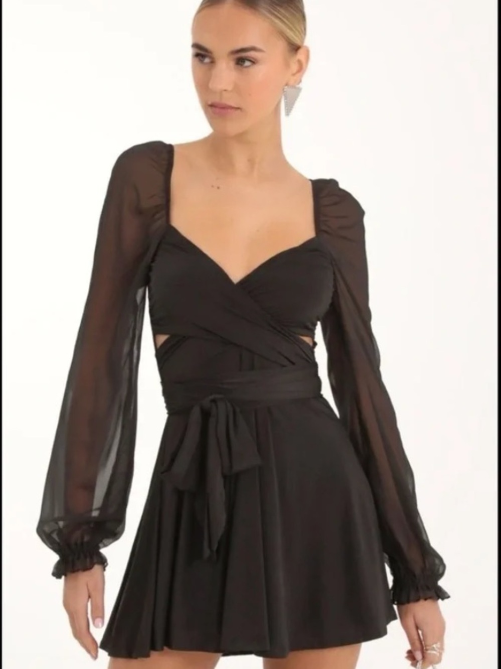 Lucy in the Sky Black Puff-Sleeve Wrap Mini Dress size S